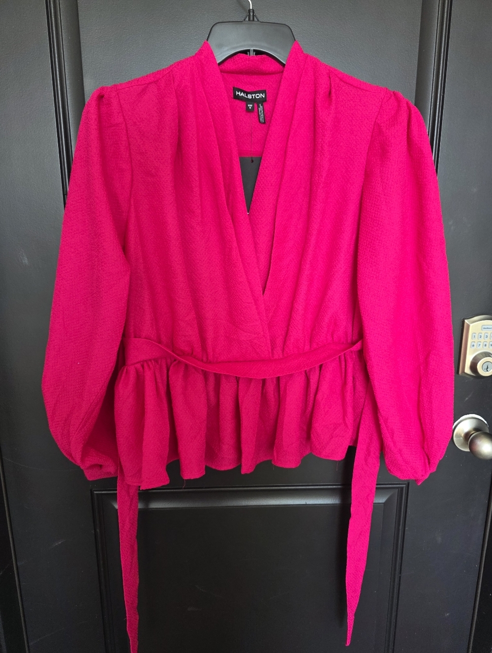 HALSTON Women Medium Pink Peplum Blouse Wrap Style Long Sleeve V Neck Tie Waist